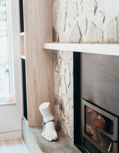 Living room with wood accent wall and modern fireplace in Whistler renovation