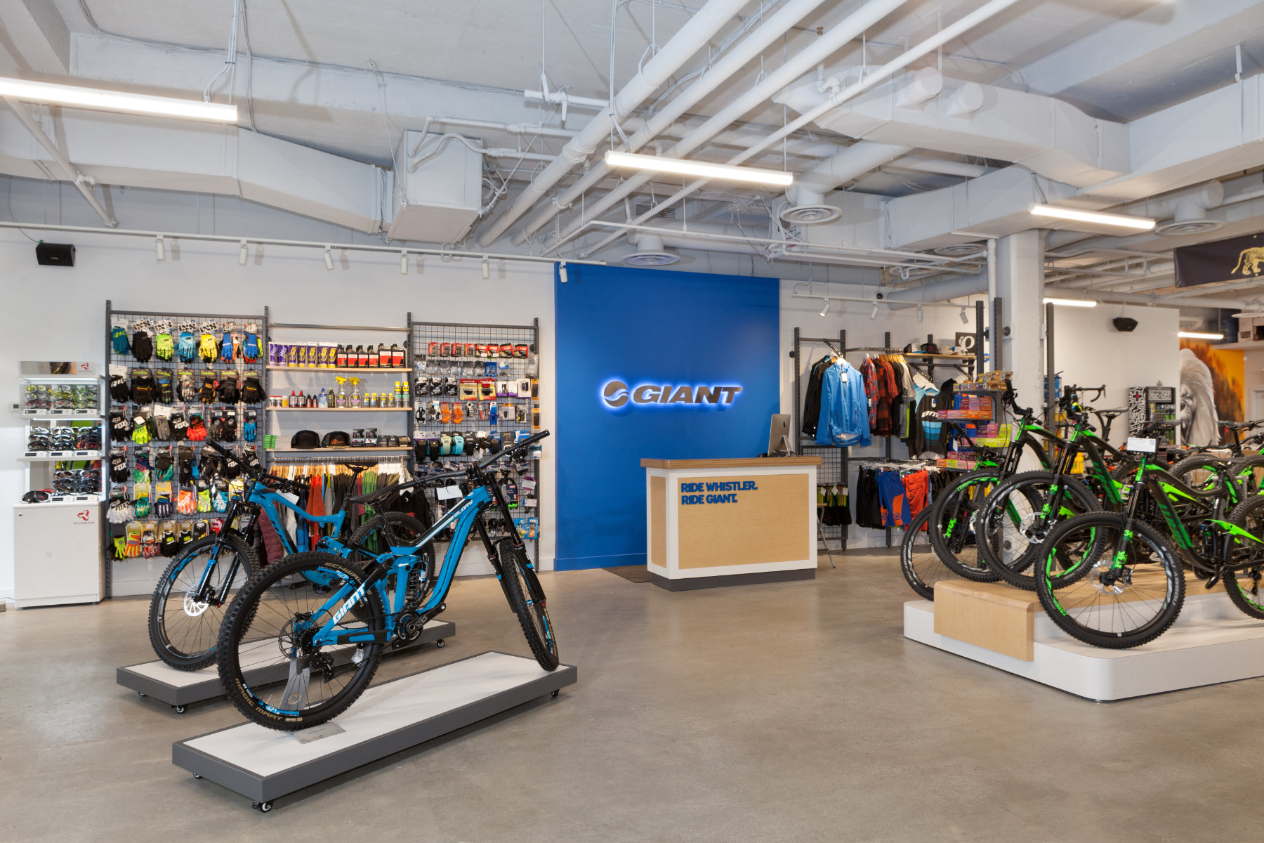 Store Interior Layout - Giant Bicycles Store Giant Bicycles store interior with product displays and bikes in Whistler