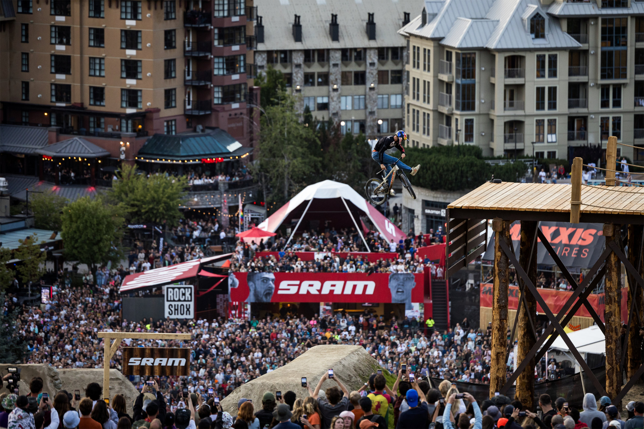 High-Traffic Location Expertise - SRAM Crankworx Event Space Temporary event tent built in busy Whistler Village for week-long Crankworx