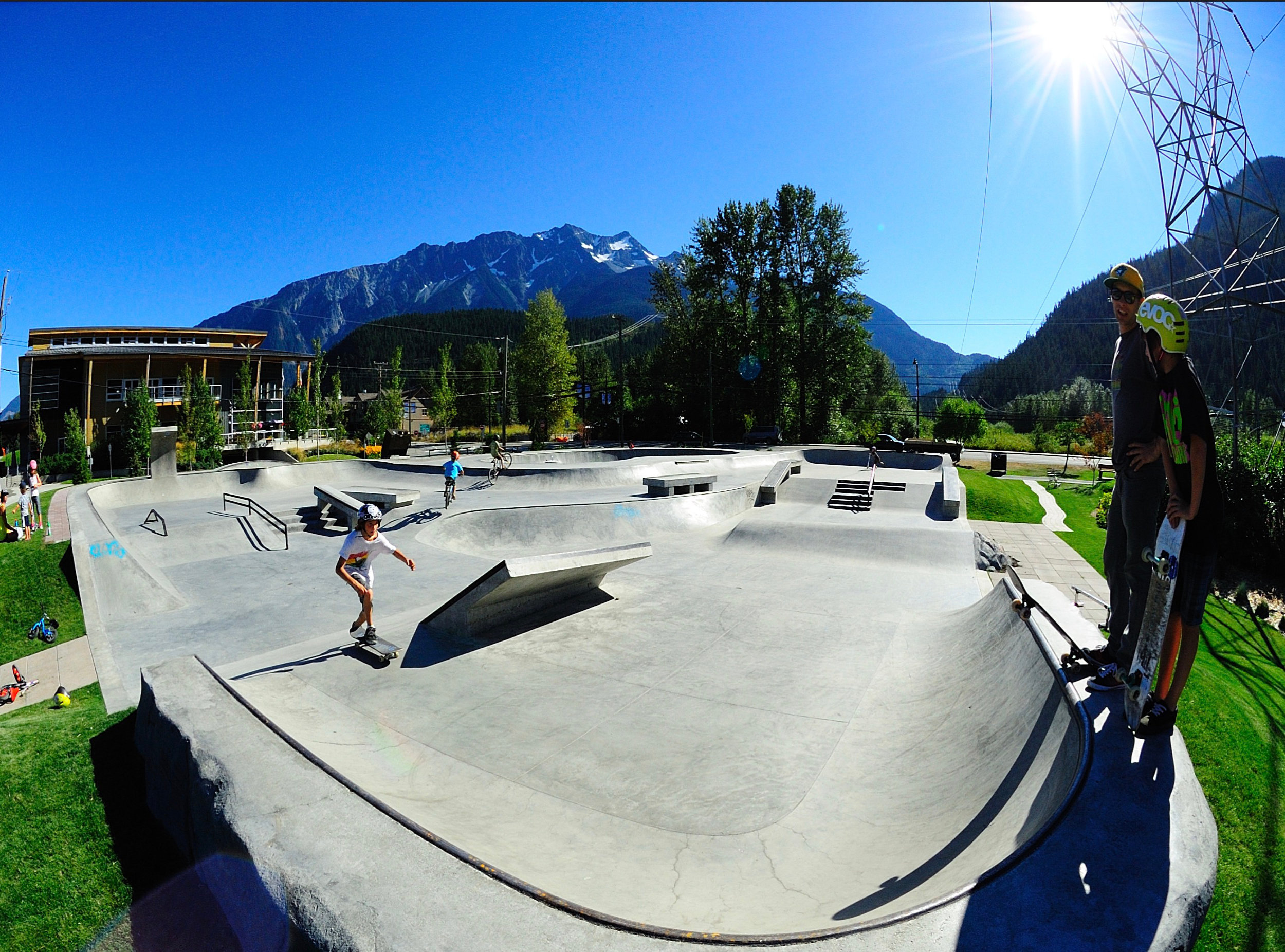 Mount Currie Backdrop - Pemberton Skate Park Pemberton Skate Park concrete features with Mount Currie mountain in background